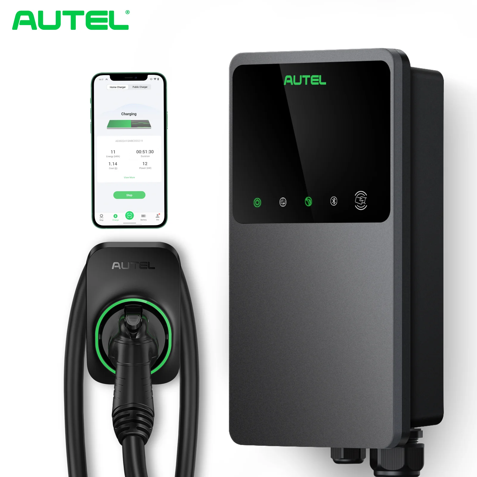 Autel Level 2 50A 12KW RFID WIFI Bluetooth EVSE 240V Type 1 EV Charger for Home Wallbox Smart Charging Station 25 ft. Cable