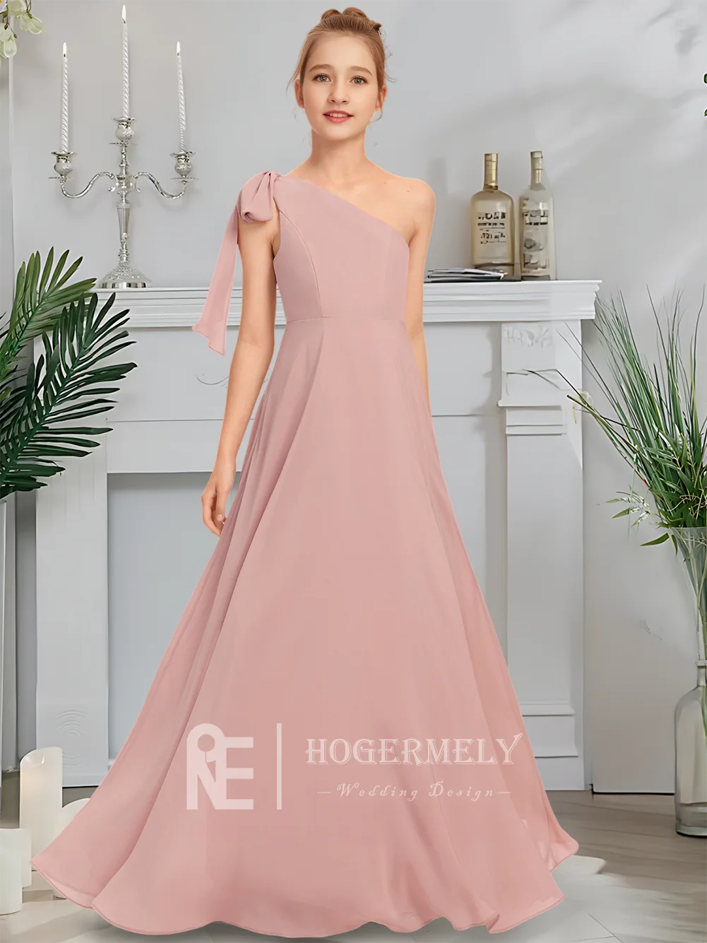 Детское платье подружки невесты на одно плечо, платье с цветочным узором розы для девочек, шифоновое платье длиной до пола с каскадным бантом на свадьбу