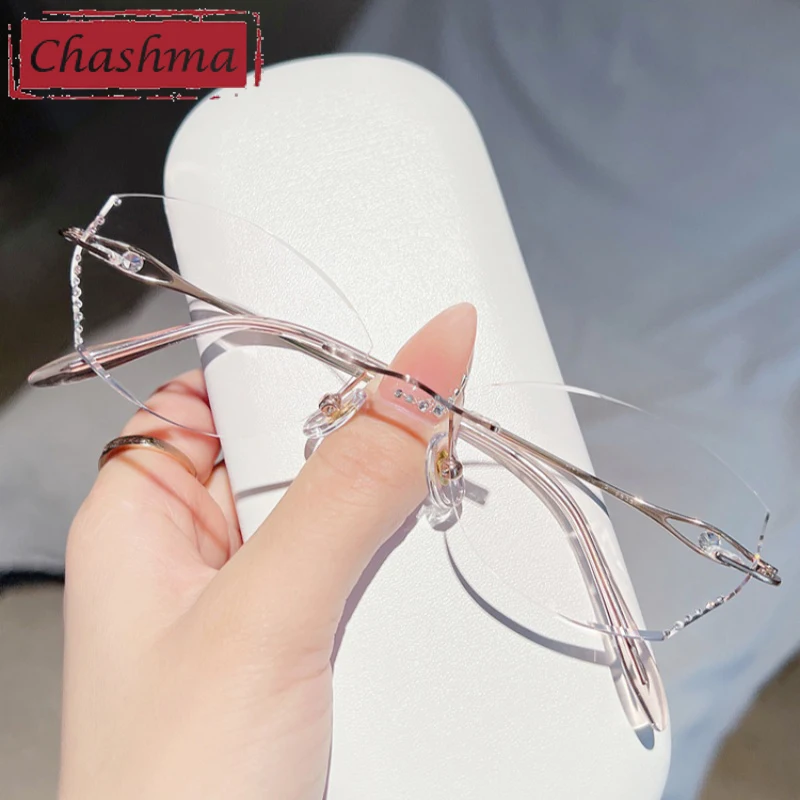 

Chashma Prescription Glasses Women Fashion Titanium Diamond Trim Rimless Spectacles Eyeglasses Frames Girls Myopia Tint Lenses