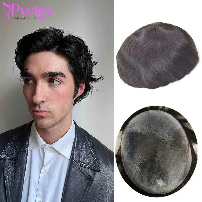 Pwigs Men Toupee Handmade Wig Human Hair Replacement Systems Full PU Thin Skin Base Natural 100% Human Remy Hair 10x8inch