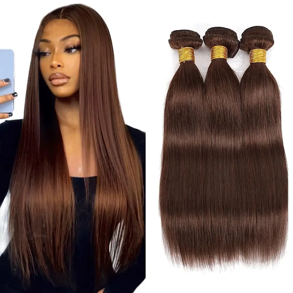 초콜릿 브라운 # 4개의 인모 1 3 묶음 스트레이트 번들 인모 미가공 레미 브라질 버진 헤어 번들 여성용