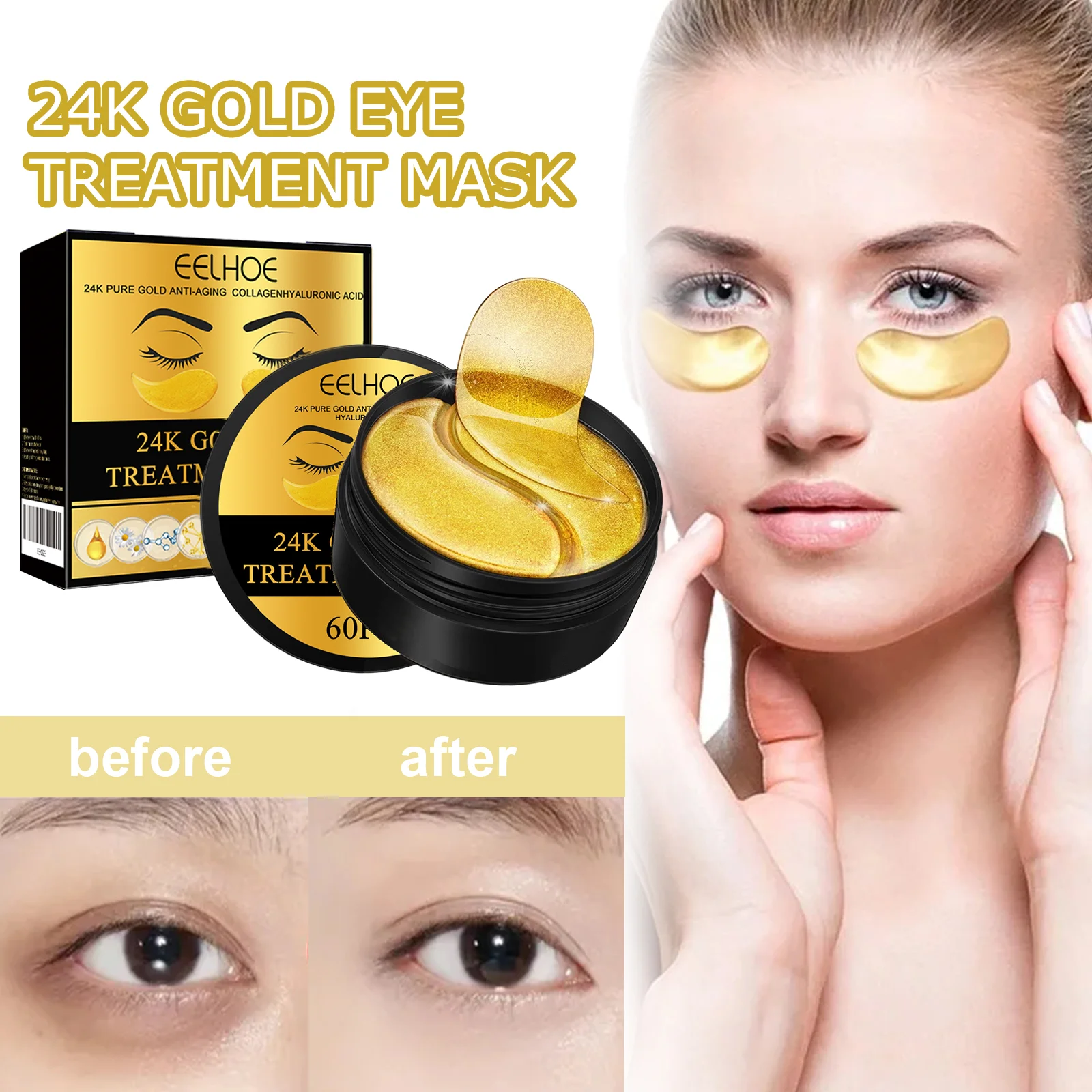 

60pcs Eelhoe 24k Golden Eye Mask Reduce Dark Circles Under The Eyes Eliminate Swell Reduce Wrinkles Lift Moisturize Eye Mask