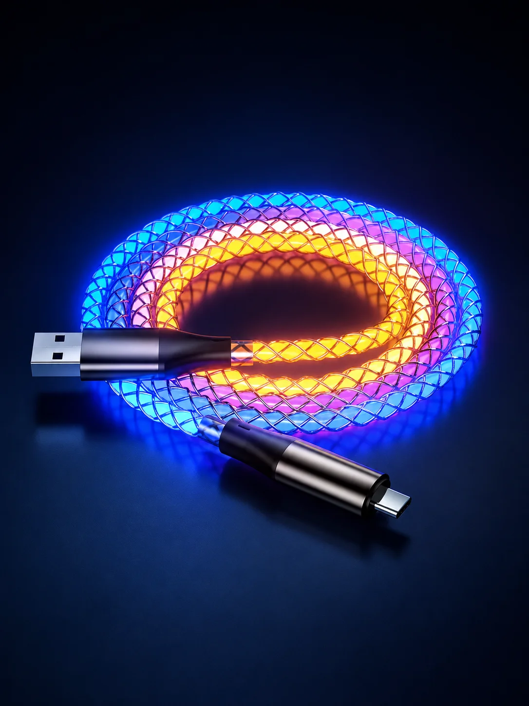Kabel USB-C 66W RGB Flow z podświetleniem LED, szybkie ładowanie, przewód do transmisji danych, ładowarka typu C do telefonu, tabletu, laptopa, do samochodu, do użytku nocnego, w podróży — 2