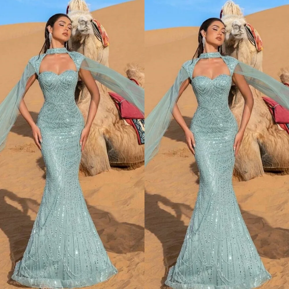 Customized Classic Light Green Organza Evening Dress Exquisite High Neckline Shawl Sleeveless Mermaid Zipper Back Prom Dress