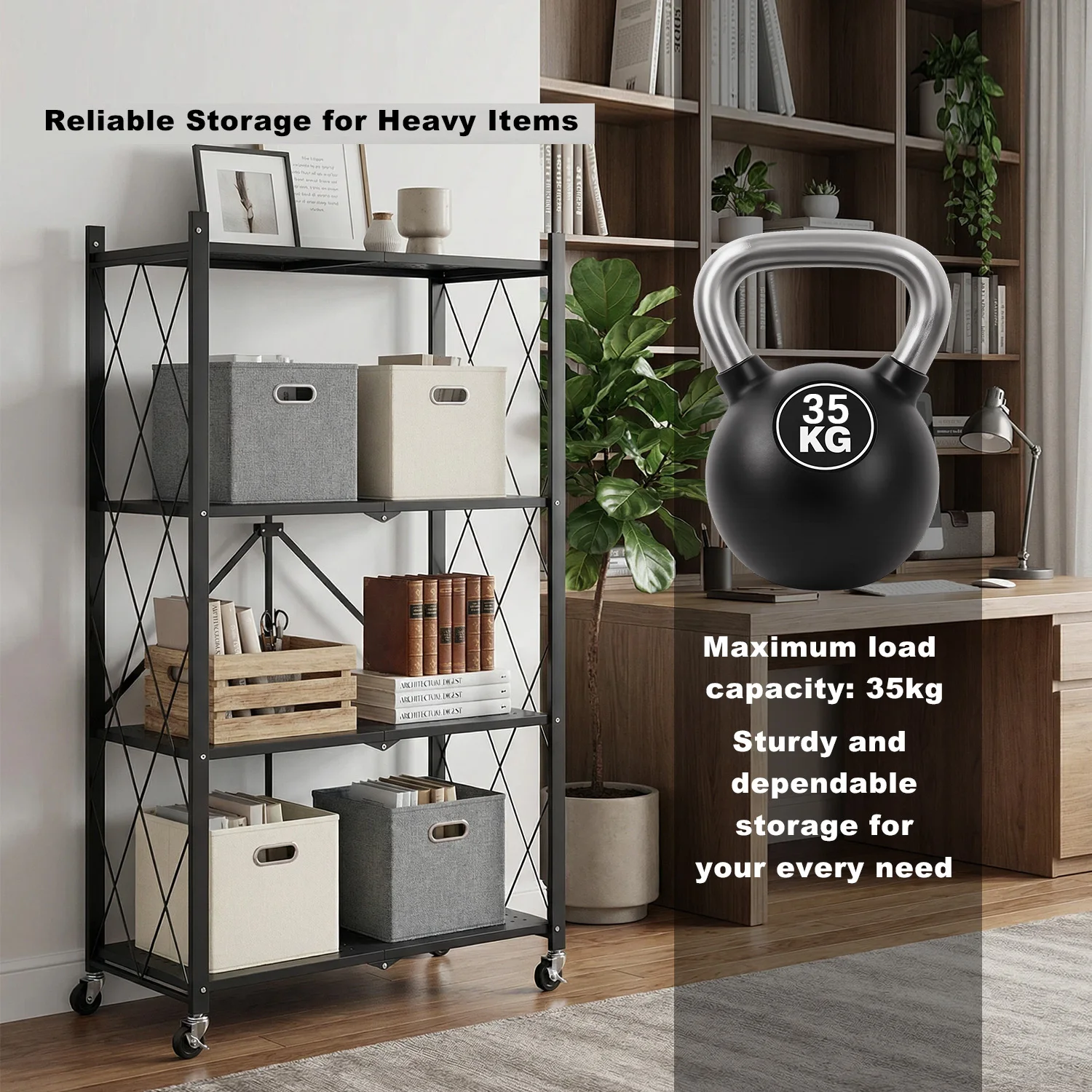 4-stöckiges Faltbares Aufbewahrungsregal mit Rollen, Metallregal, Montagefreier Rollorganizer für Küche, Zuhause, Garage – Detail 7