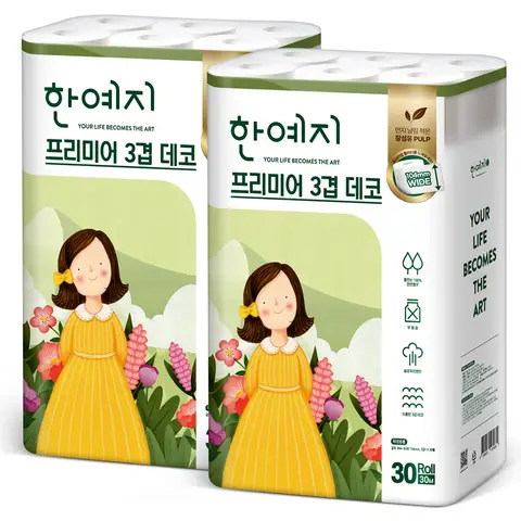한예지 프리미어 3겹 데코 천연펄프 화장지 30m 30롤 2팩