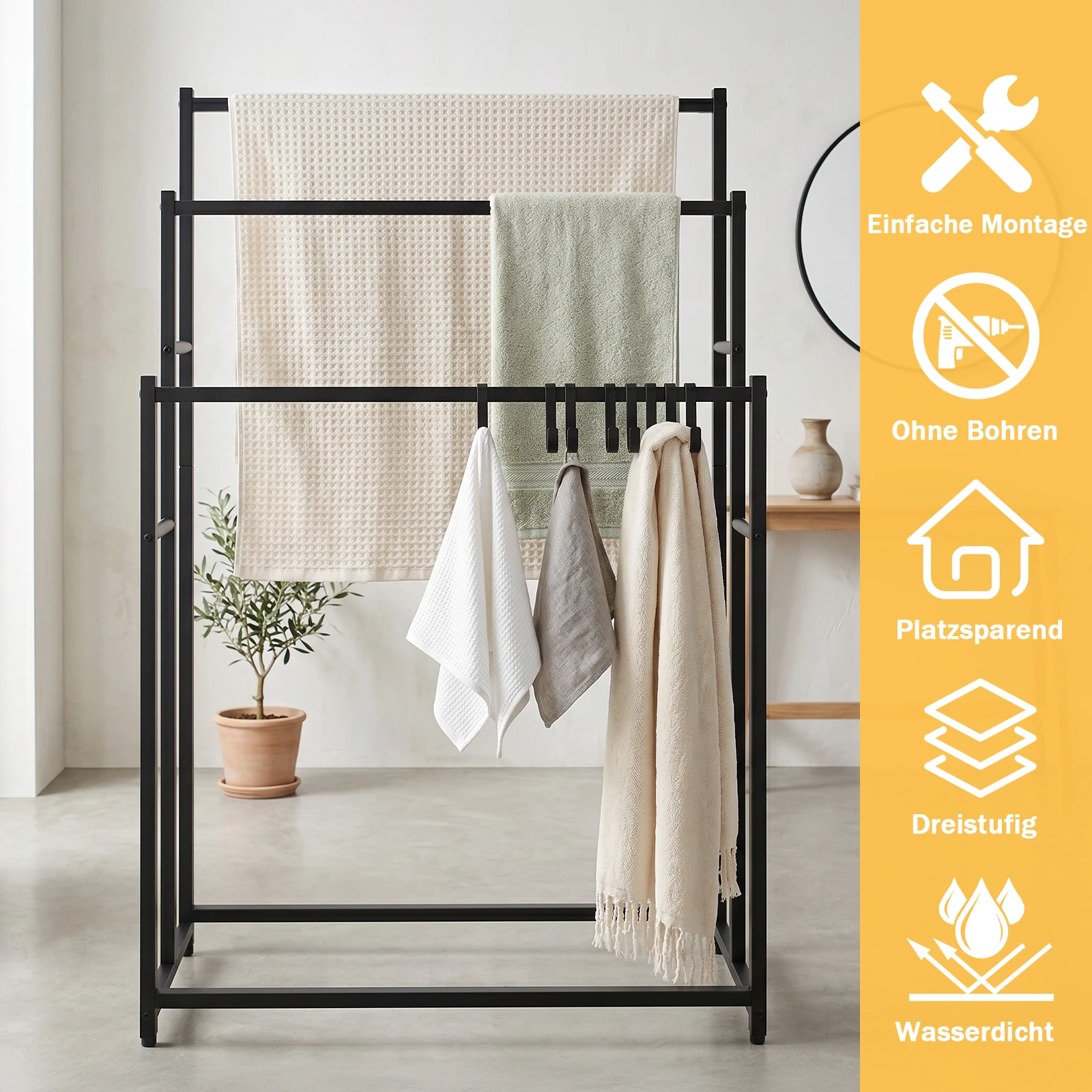 Moderne minimalistische handdoekhouder in het zwart, vrijstaande metalen droogrek, eenvoudig te onderhouden & stabiel, veelzijdig voor appartement, balkon en wasruimte