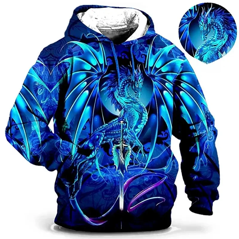 Męska bluza z kapturem dla mężczyzn Odzież Bluzy z nadrukiem 3D na zewnątrz Smok Moda Codzienna jesień Bluzy z długim rękawem — zdjęcie 2