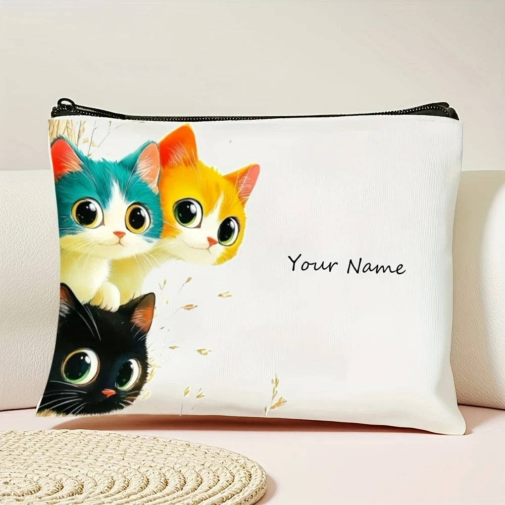 Personalized Floral Cat Cosmetic Bag Custom Name Minimalist Zipper Foldable Washable Multi-scene Daily Organizer for Ladies