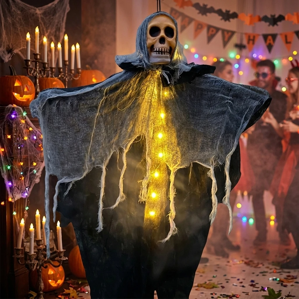 Skeleton Ghost Hanging Ornament Layered Mesh Fabric Internal LED Lights Glow Creepy Party Decorations All Ages Festival Decor