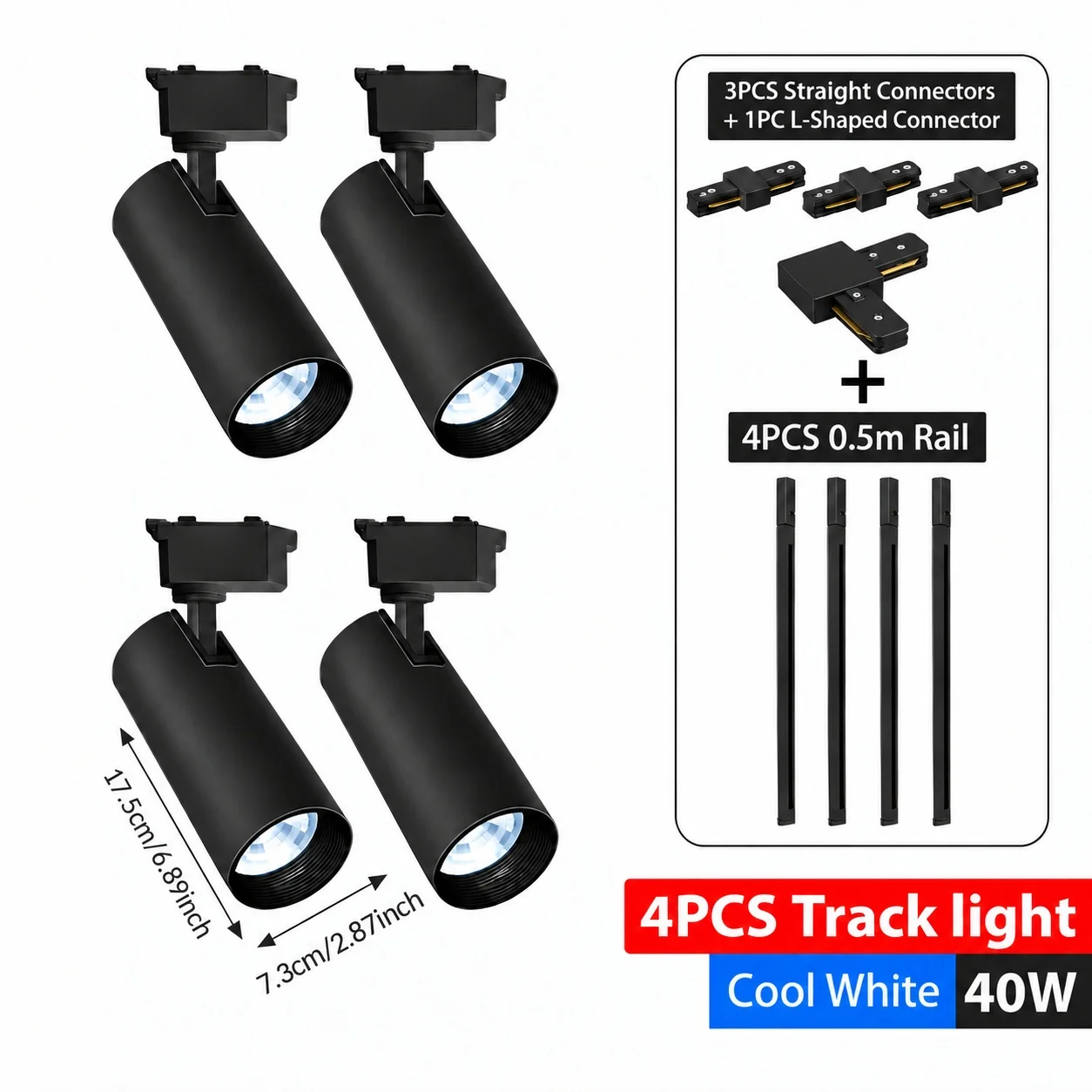 LED-spoorverlichtingsset, zwart, met 4 of 6 spots, inclusief 0,5 m lange rails en verbindingsstukken, 20W, 30W, 40W, plafondspoorverlichtingsset, 350. °   Verstelbaar