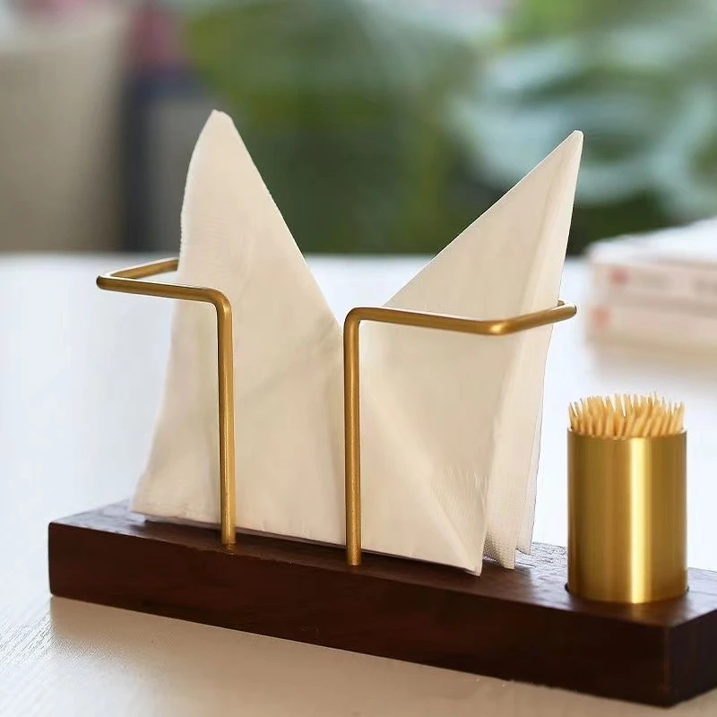 Solid Wood Tissue Holder Desktop Organizer Tableware Gold Metal Napkin Tissue Case for Hotel Restaurant Decor Kitchen Accessorie