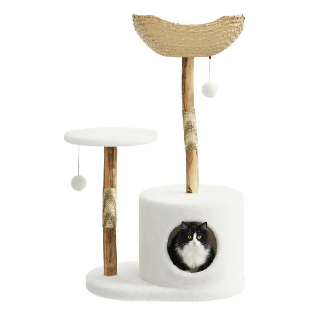 110 cm hoher Katzenkratzbaum für große Katzen, multifunktionaler Katzenkratzbaum aus Holz mit Kratzstämmen und Pompons für den I