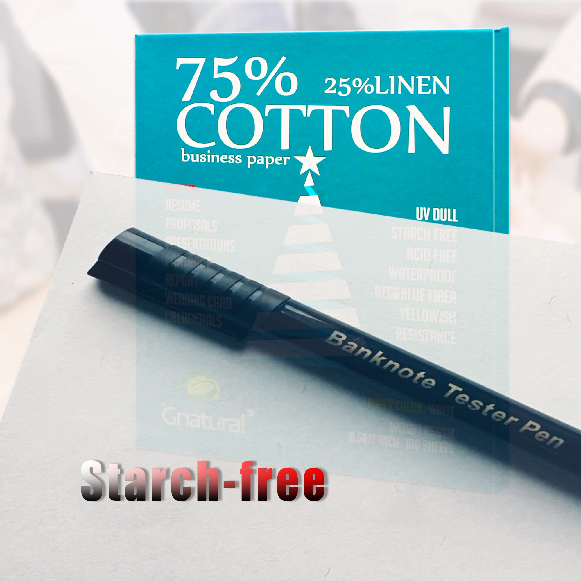 85gsm US 75% cotton 25% linen paper,Letter size 216*279mm,White color,Visible fiber, Starch-free,Waterproof,100 sheets,MCYT006