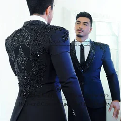 Frisado Bordados Ternos De Casamento Para Homens, Lapela Xale, Masculino Prom Blazer, Ternos Brilhantes, Smoking Do Noivo, 3 Conjuntos De Peças