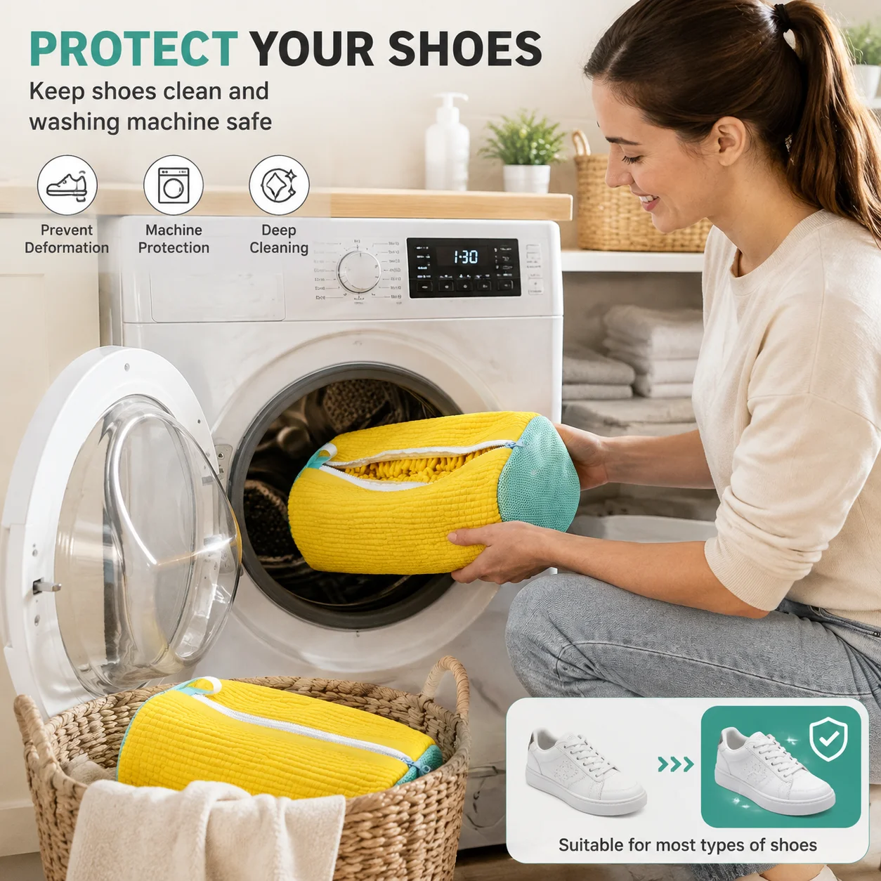 Bright Yellow Shoe Washing Bag With Thickened Non-Woven Fabric And A Double-Pull Zipper For Secure Machine Cleaning