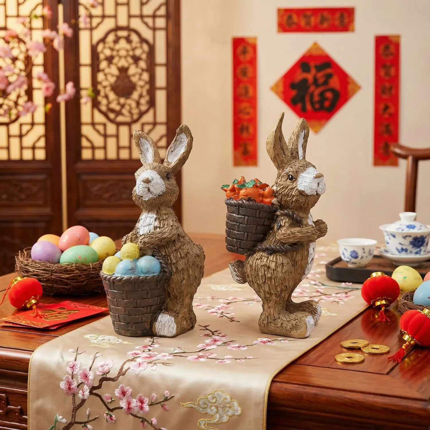 2 Pcs Easter Bunny Figurine Resin Bunny Statue Rabbit Sculpture Collectibles Decor Animal Figurine Home Garden Bookshelf Decor