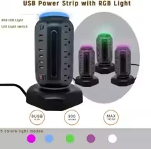 Power Strip Tower with Colorful Nightlight, 15 AC Outlets and 6 Fasting USB Ports, Retractable Extension Cord with Multiple Outlets, 900 J Surge Protector with Right Flat Plug (Black)
