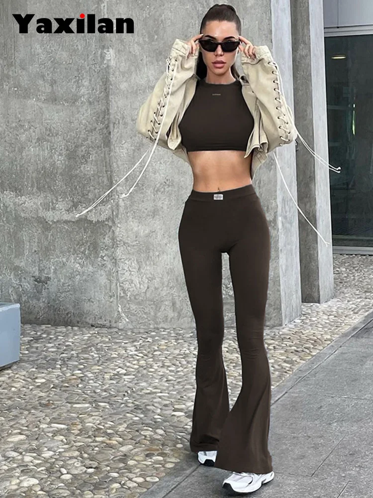 InsLucky-Casual Sports Suit for Women,High Waist Flare Pants,O Neck Long Sleeve,Slim Crop Top,Two Piece Set,Solid Tracksuit,2024