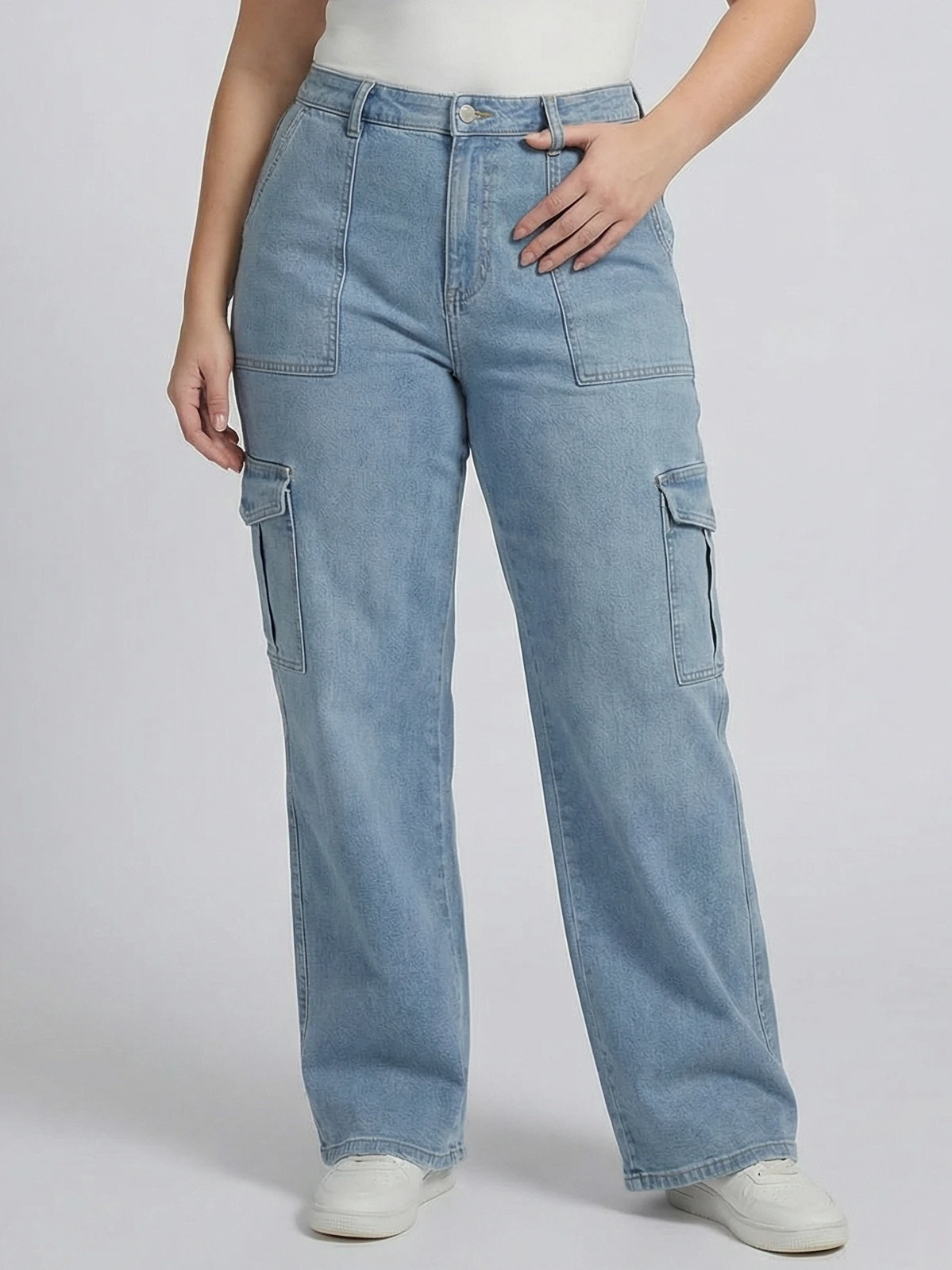 

Женские джинсы-карго больших размеров с высокой талией, свободного кроя, широкие штанины, удобные и стильные, с боковыми карманами, идеально подходят для повседневной носки