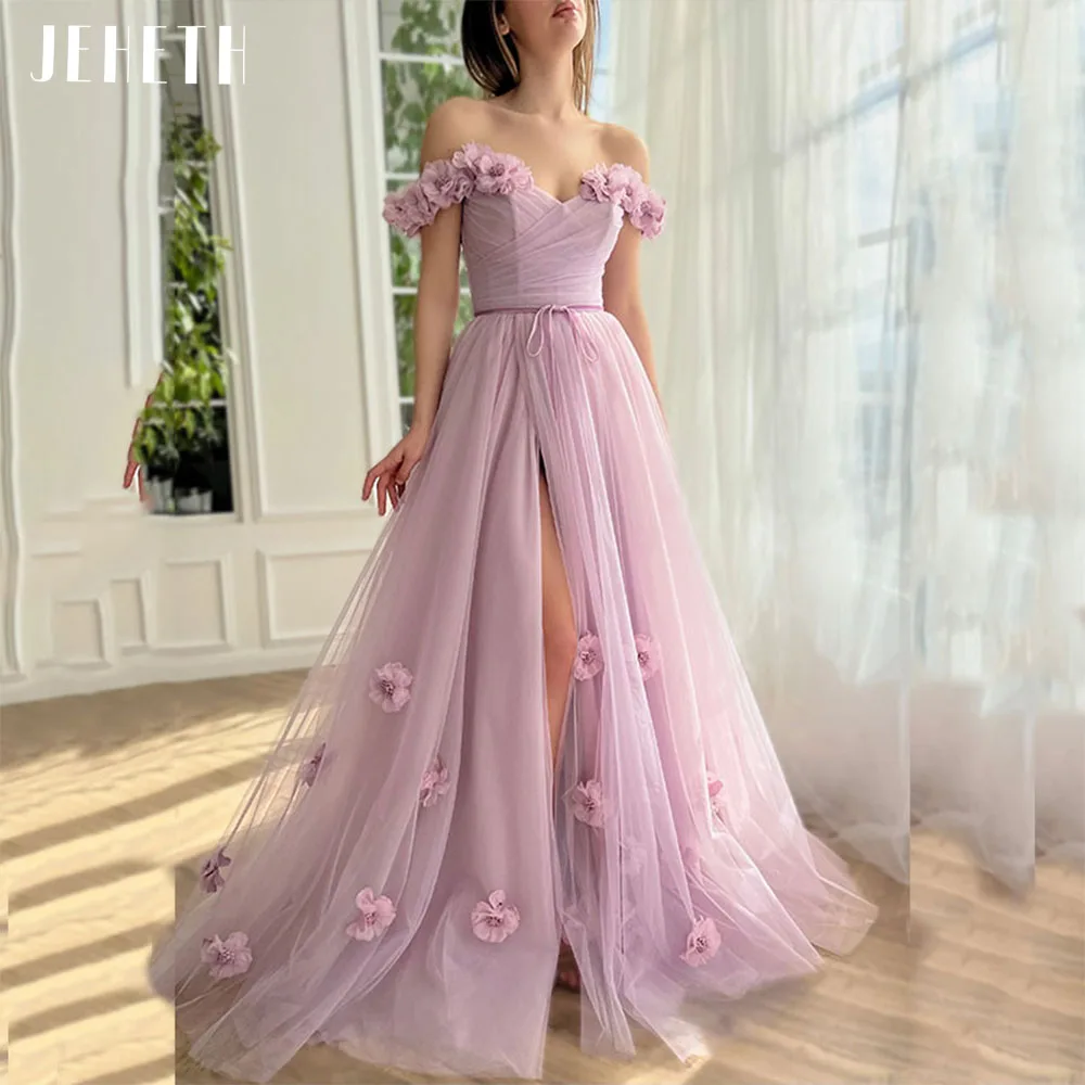 JEHETH 3D bloemen roze prom feestjurk vrouwen prinses hoge split tule avondjurk open rug aangepast فساتين حفلة موسيقية موسيقيةJEHETH 3D Bloemen Roze