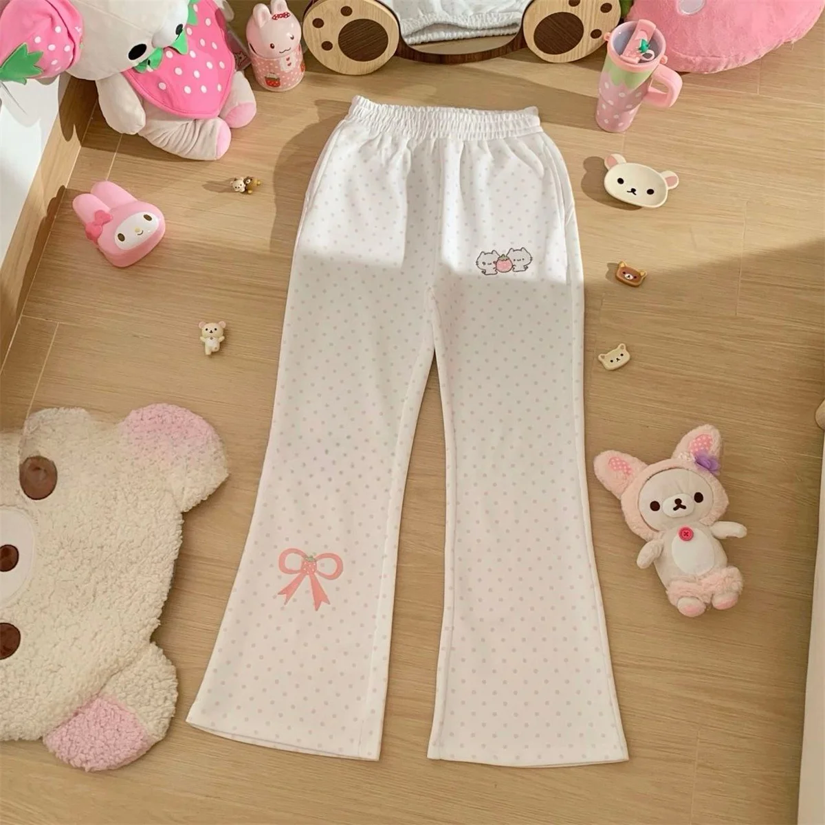 Herbst-Design Schlanke Elastische Taille Schlaghose Kawaii Süße Polka-Dot Dünne Bestickte Hose Damen Liebliche Hübsche Freizeithose – Detail 7