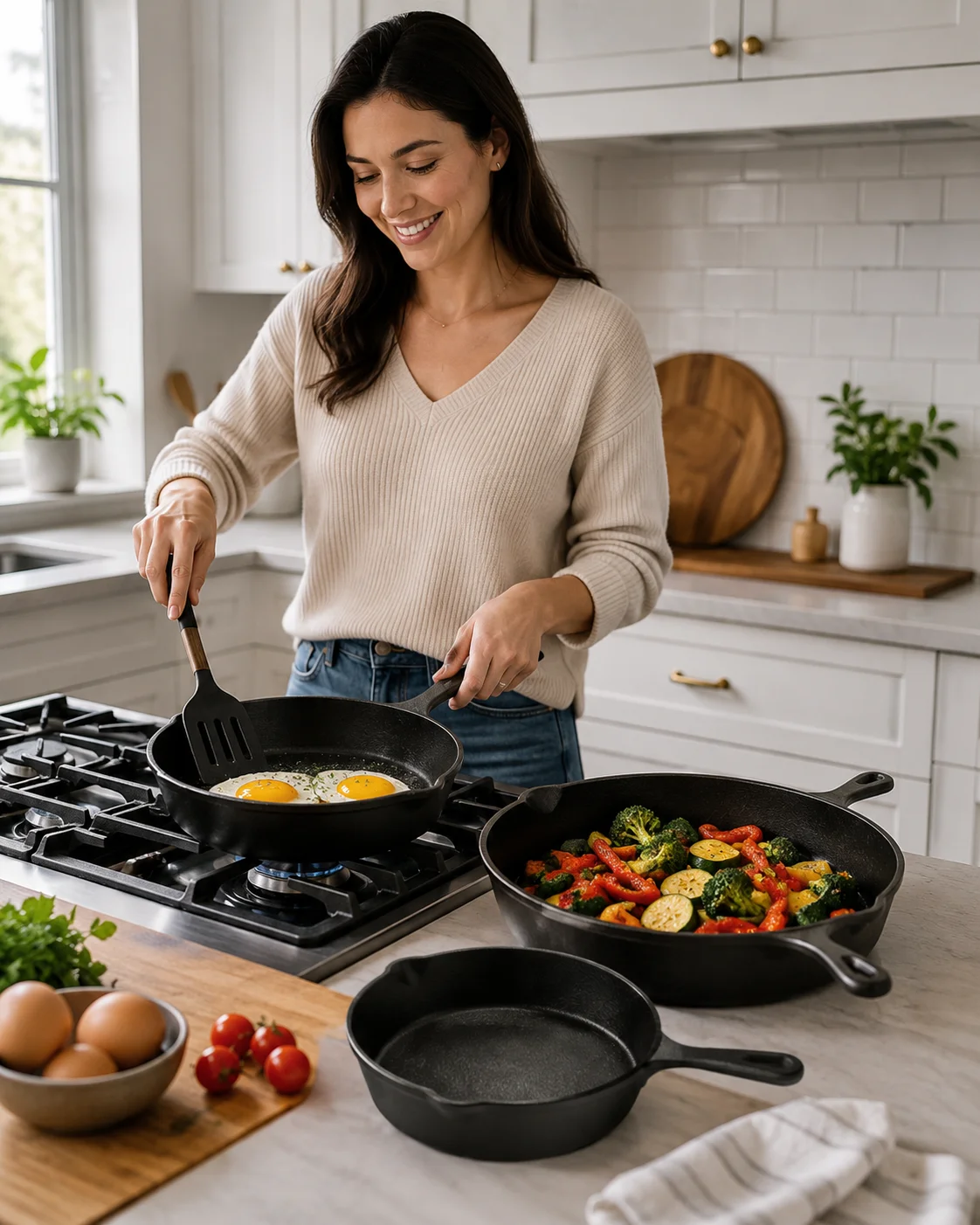 Heavy-Duty Cast Iron Cookware Set, 3-Piece Pre-Seasoned Skillet Set (6