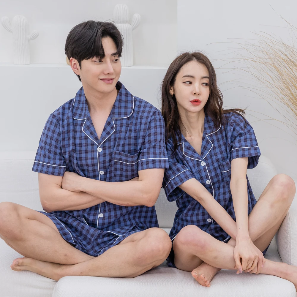 AONE Men's and Women's Checkered Short Sleeve Pajama Set, Couple's Sleepwear, Homewear, Matching Pajamas