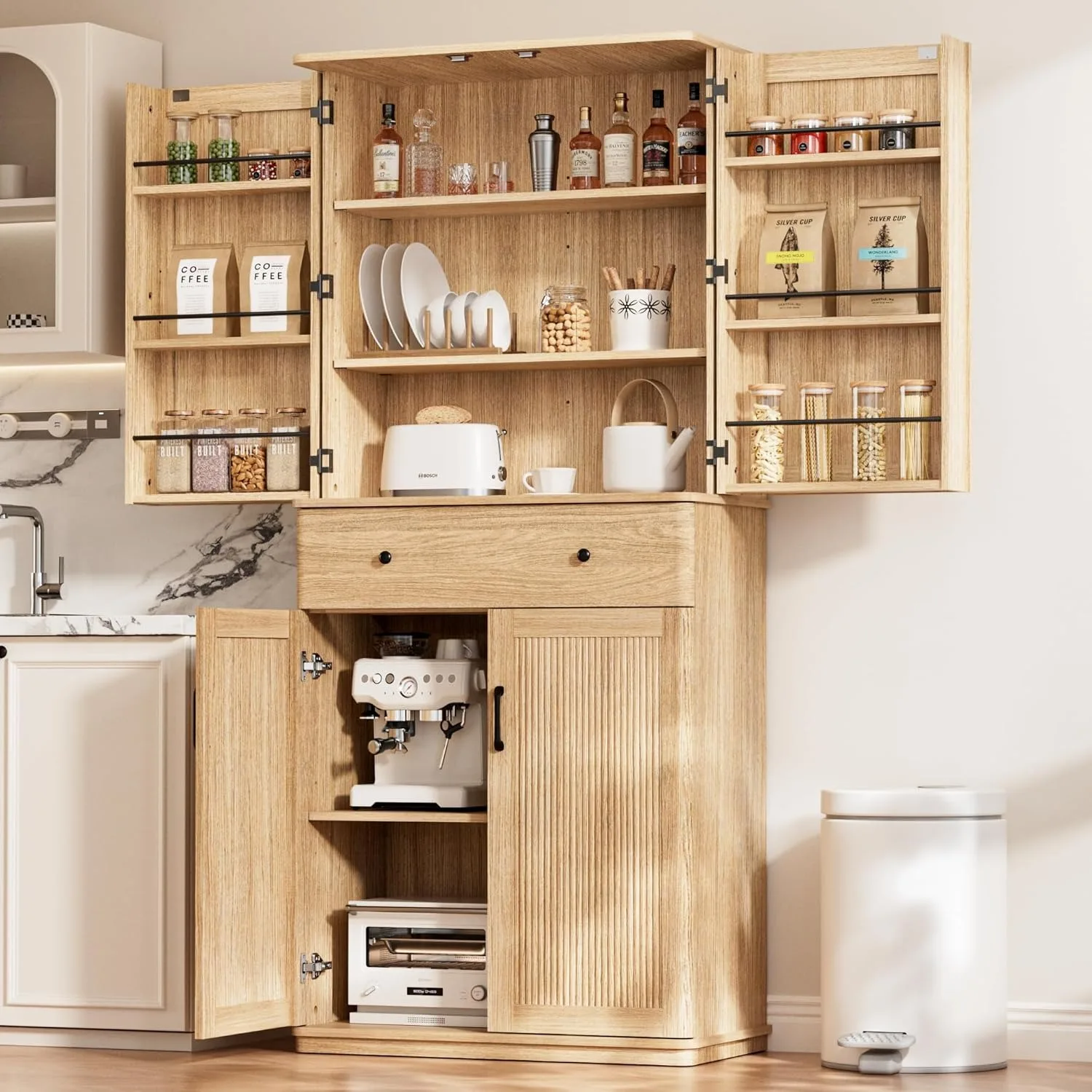 

72" Tall Pantry Cabinet, Kitchen Storage Cabinet with 1 Drawer 2 Cabinets, 3 Adjustable Shelves 6 Door Shelves, Freestanding Mul