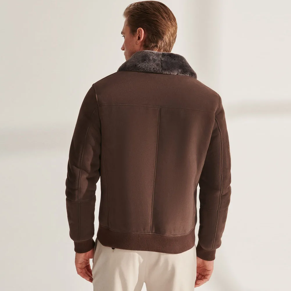 Denny&Dora Men's Brown Shearling Jacket - Mens Shearling Bomber Jacket, Short Sheepskin Coat