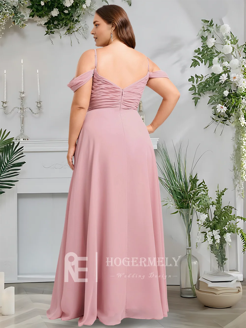 فساتين وصيفة العروس أنيقة بأكتاف مكشوفة وأحمر الخدود على شكل حرف a بطول الأرض شيفون مع أشرطة سباغيتي على شكل حرف V لحفلات الزفاف