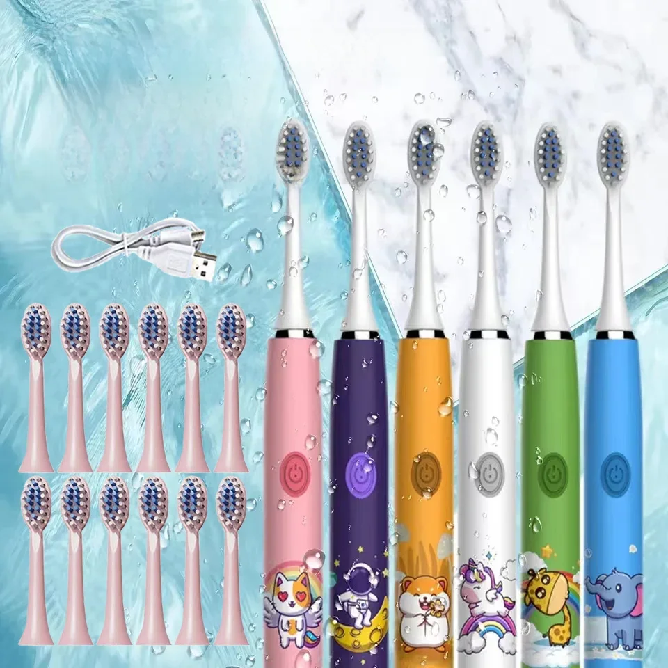 Factory Direct Sales Children's Sonic Toothbrush Soft Hair Band 12 Replacement Brush Heads, Teeth Cleaning Kids Cartoon Cute