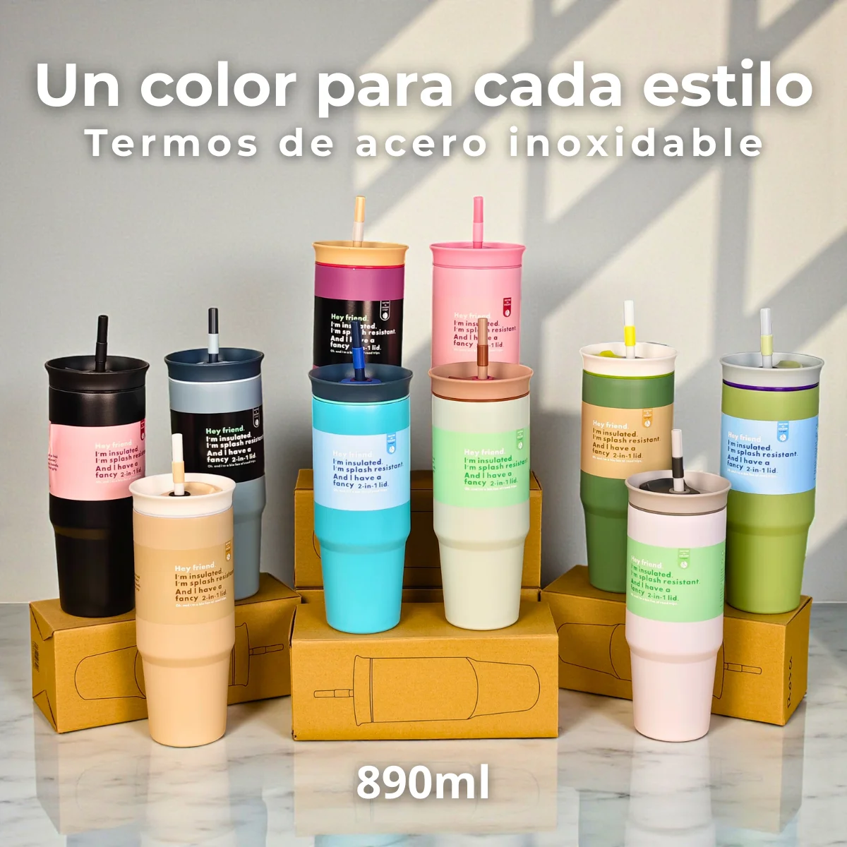 Termo de Acero Inoxidable FAB-27 Vaso Termico 890 ml con Popote Reutilizable | Aislamiento de Doble Pared para Bebidas Frías y Calientes | Diseño Moderno Multicolor para Uso Diario
