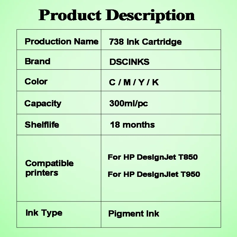 Imagem -03 - Cartucho de Tinta Compatível com hp Designjet T850 e T950 Tinta Pigmentada de Alta Qualidade One Time Chip 300ml 738