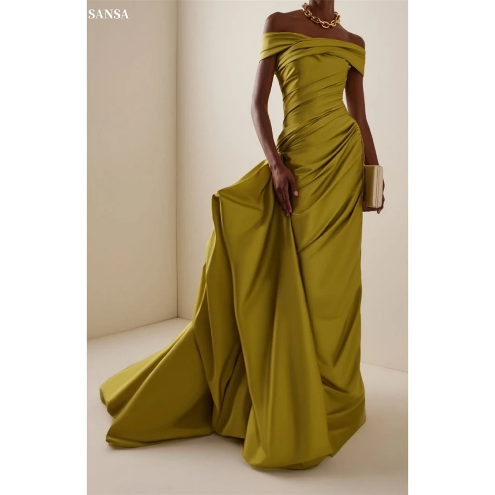 

Sansa Customized Green Off the Shoulder Train Prom Dresses Pleats Court Train Vestidos De Noche Floor-Length Formal Evening 2025