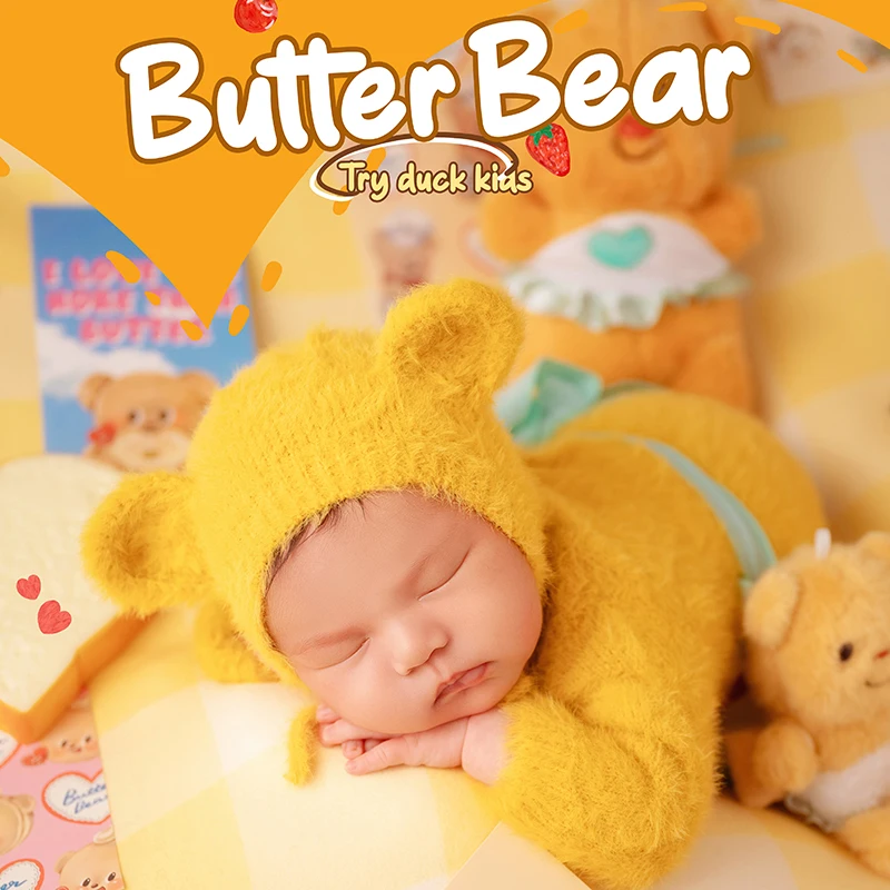 الوليد التصوير المشهد الدعائم الطفل بذلة + قبعة الدب الدمى استوديو 0-1 شهر الطفل لطيف الأصفر الدب صور موضوع الدعامة الملحقات