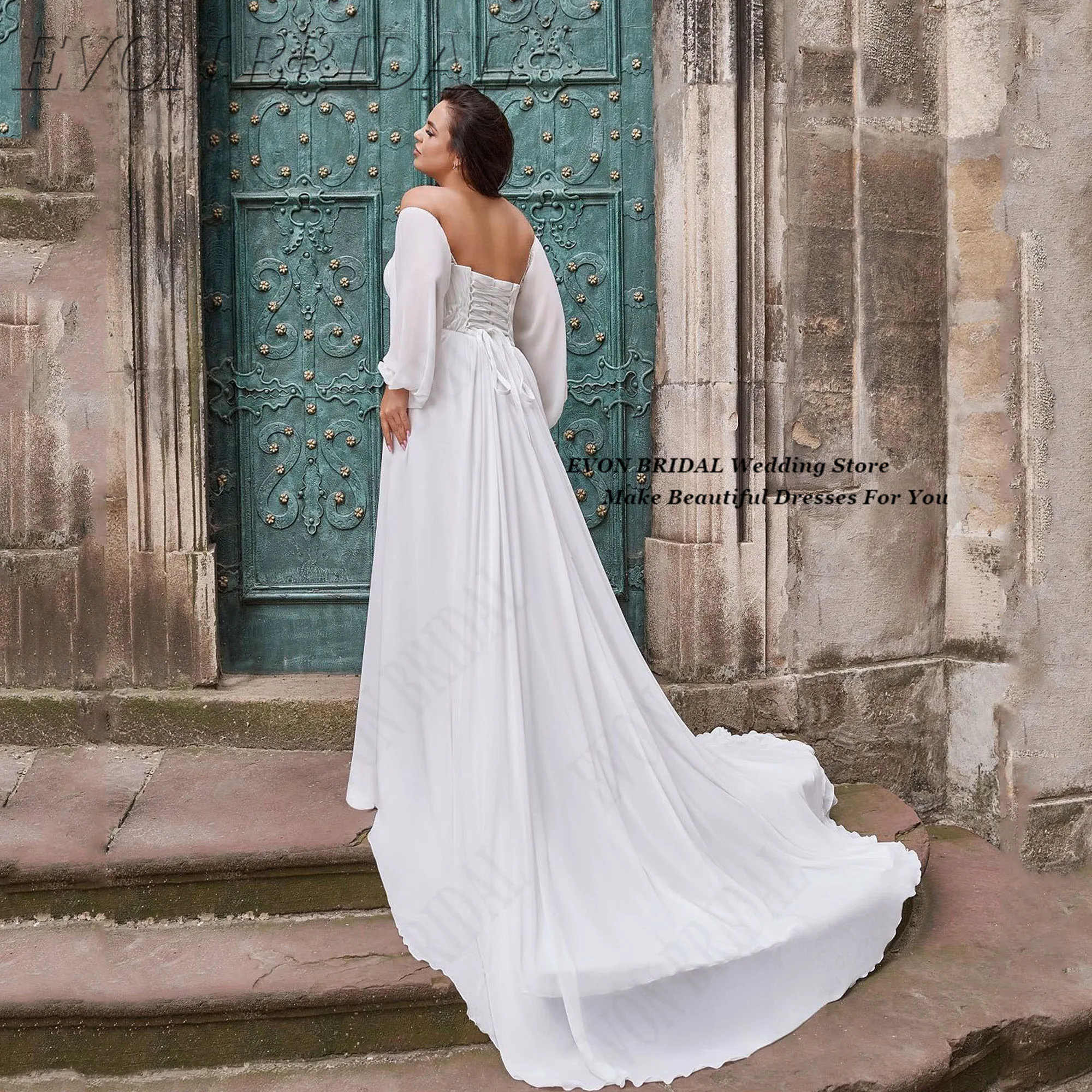 شيفون كم كامل بالإضافة إلى حجم فساتين العروس الدانتيل يصل فستان الزفاف المدنية مع الخامس الرقبة Vestido De Noiva EVON BRIDAL مخصص