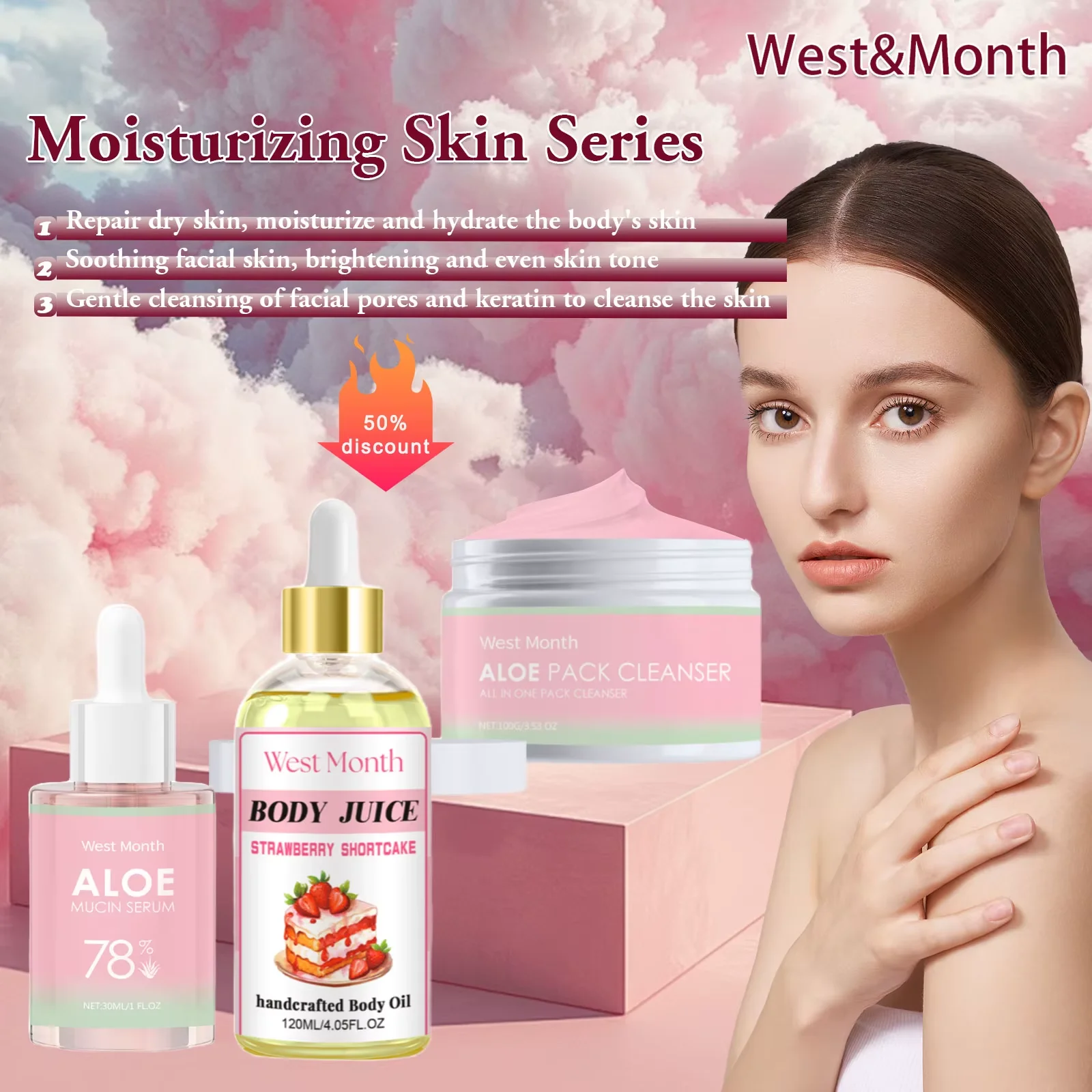 

West&Month 120ml Strawberry Body Juice Oil Aloe Cleanser Serum Massage Aromatherapy Glow Relieve Dry Care Smooth Body Scent Oil