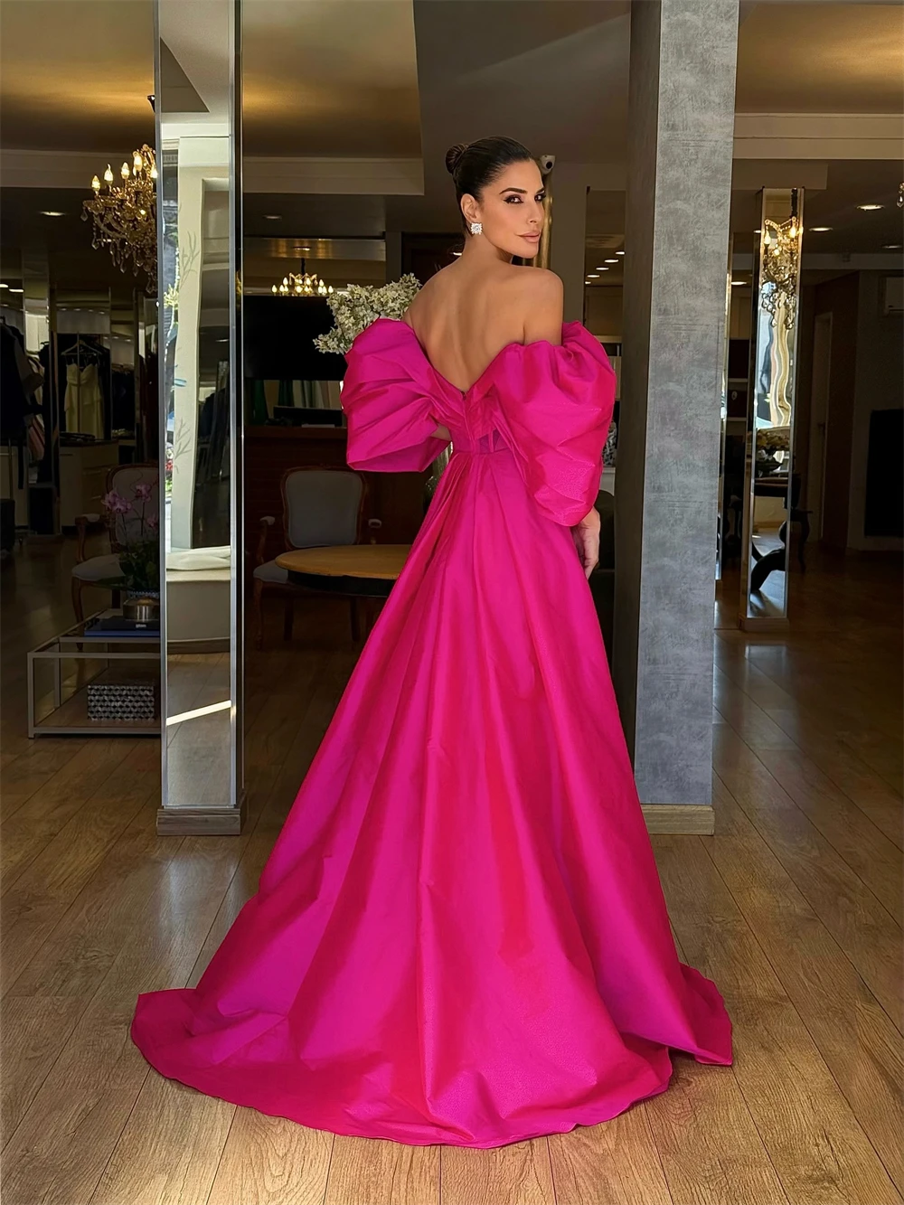 Sansa Aangepaste Magenta Backless A-lijn Zijsplit Galajurken Uit de Schouder Vestidos De Noche Vloerlengte Formele Avond