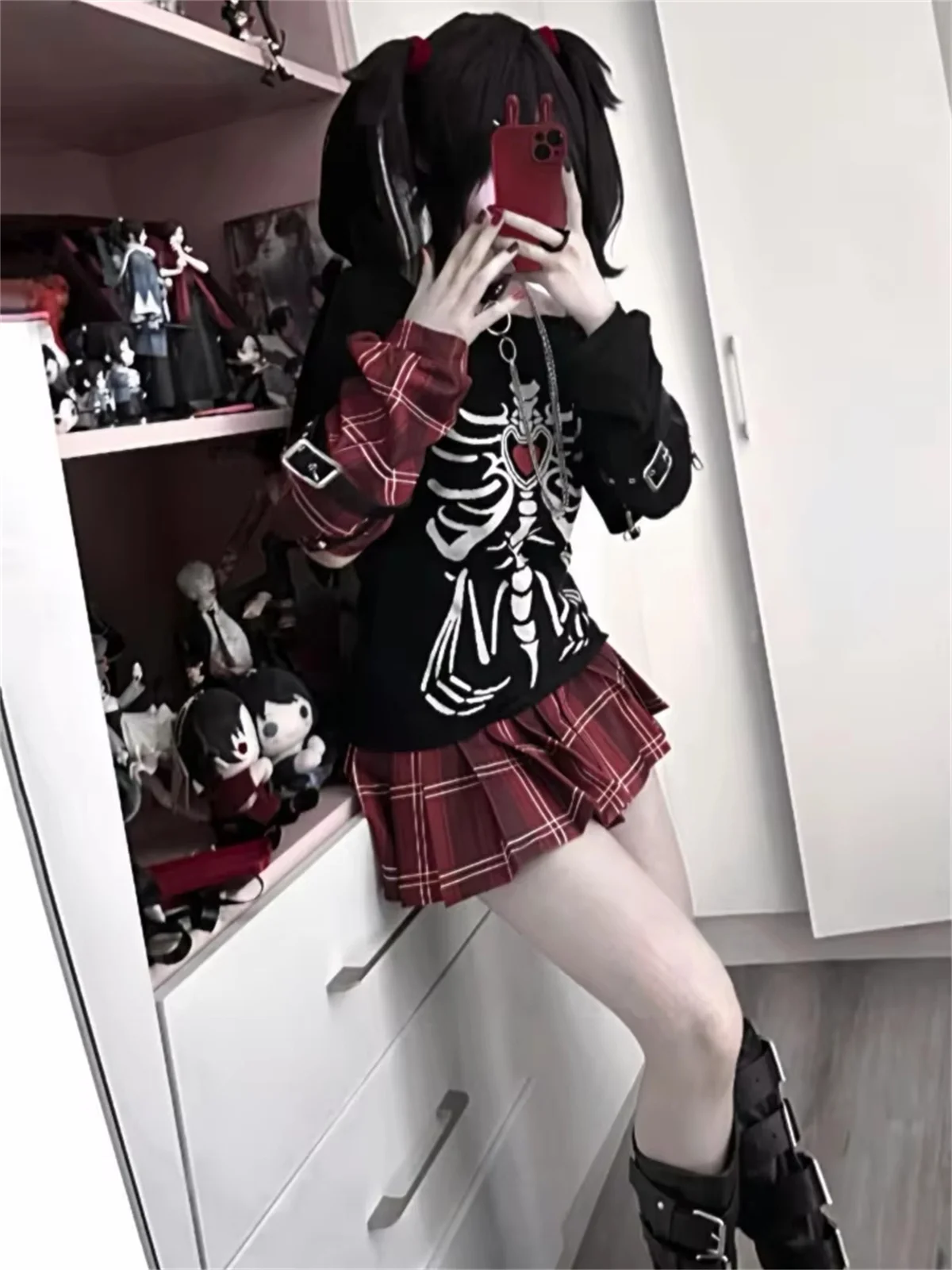 Japanische Sommer-T-Shirts mit Feen-Skelett-Print, Harajuku Vintage Lässige Lockere Schwarze Oberteile 2025, Damen Streetwear Grunge Punk Tees – Detail 4