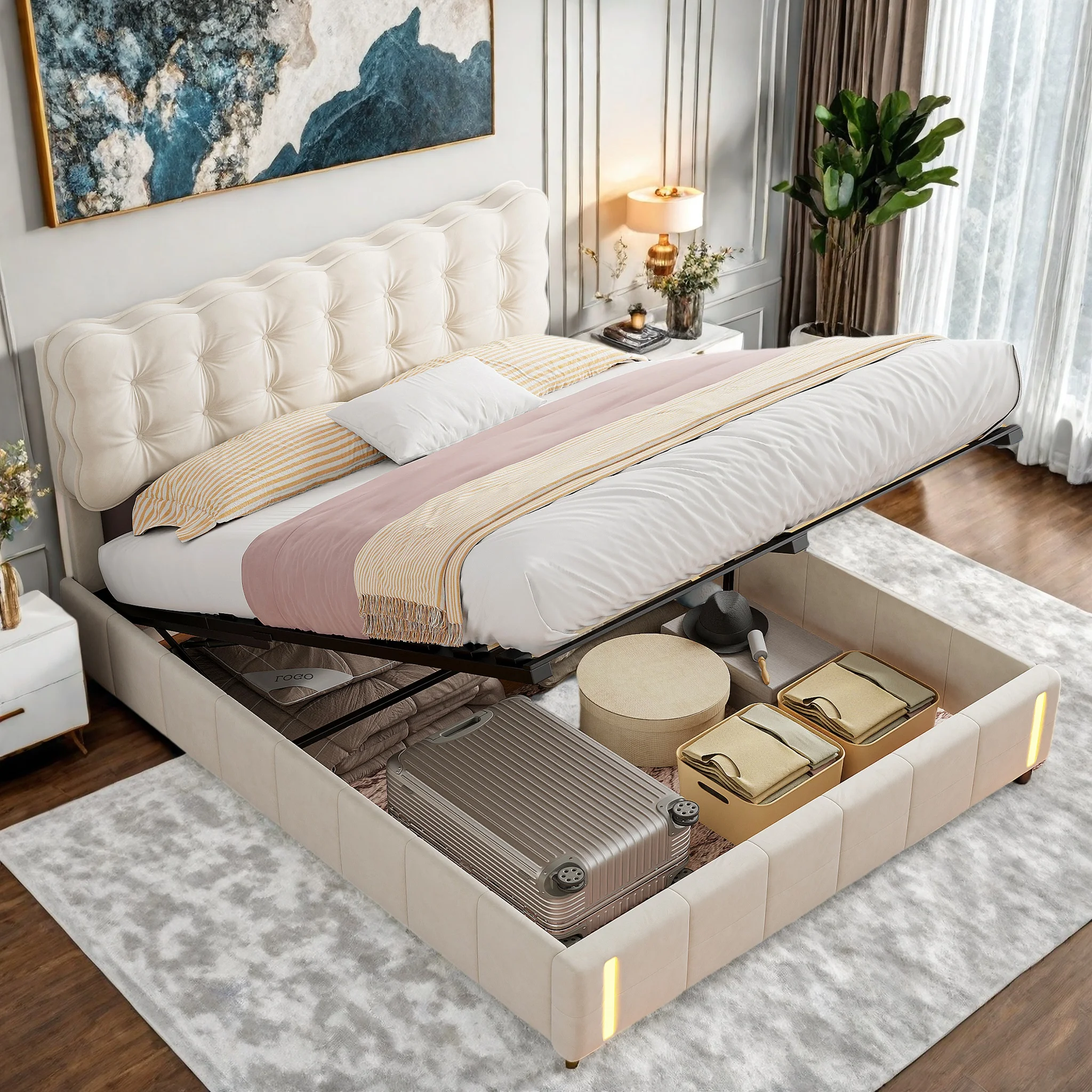 Lit hydraulique 140 x 190 cm, lit double capitonné avec LED et tête, lit coffre, lit fille avec sommier, velours beige