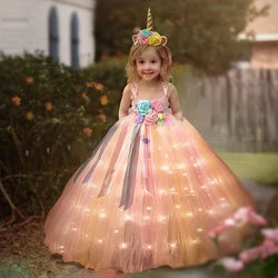 Uporpor Unicorn Girls Children LED Light Up Dress Kids Birthday Party Princess Lolita Costume for Christmas Children Ball Gown