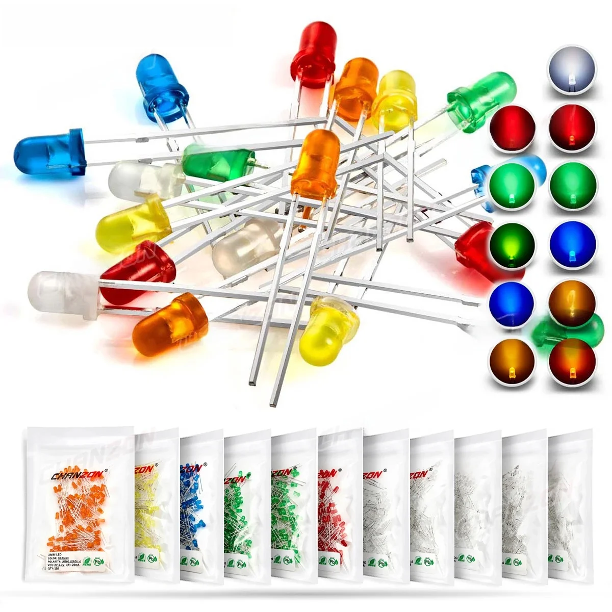 Zestaw diod LED 3mm Światło niebieskie Żarówka diodowa Micro Biały Czerwony Niebieski Zielony Pomarańczowy Żółty 3V Zestaw PCB DIY Różne — zdjęcie produktu 7