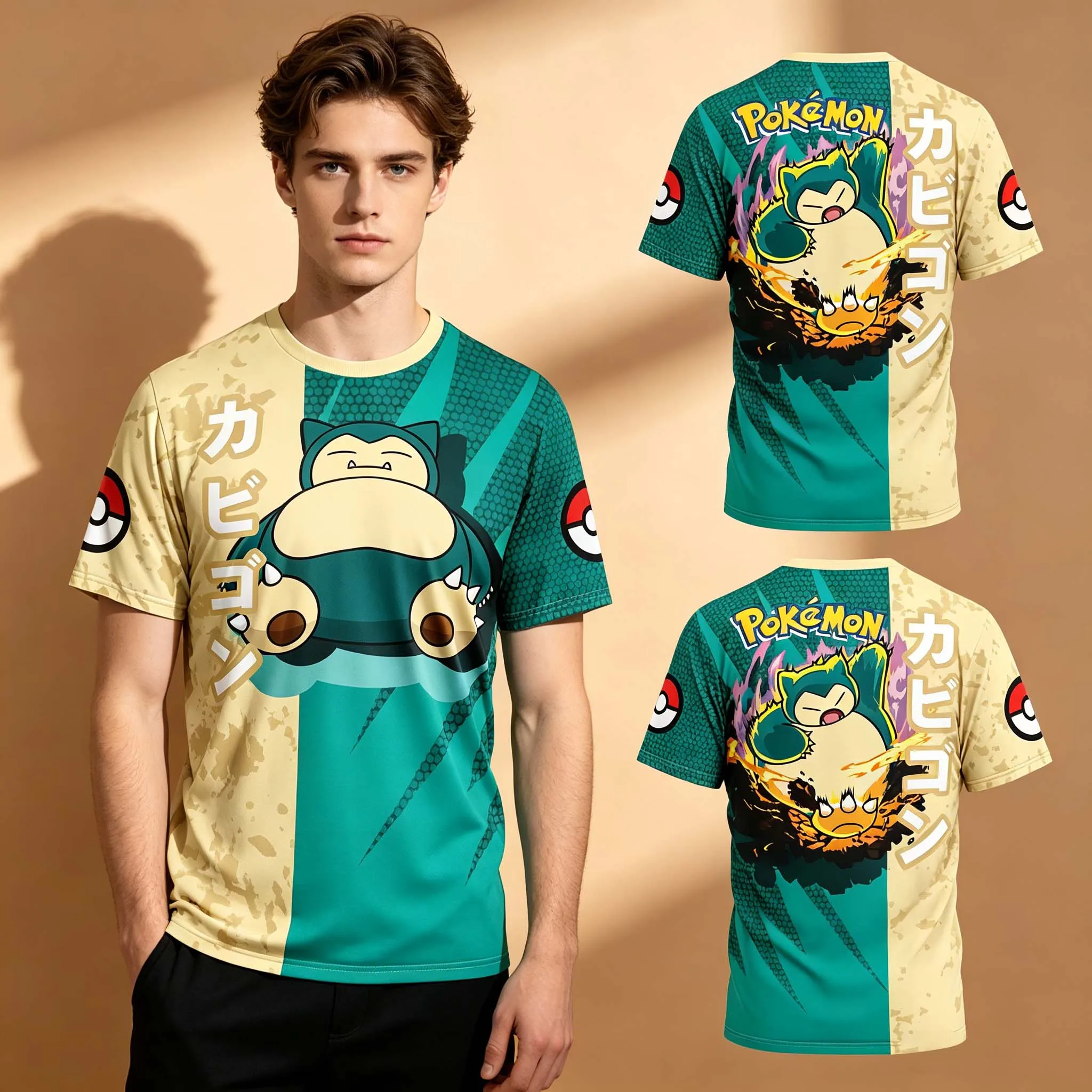 BANDAI Anime Pokemon Snorlax 3D-gedrucktes T-Shirt für Herren, lässig, O-Ausschnitt, kurzärmelig, Streetwear, modische Oberteile für Fans, Alltagskleidung