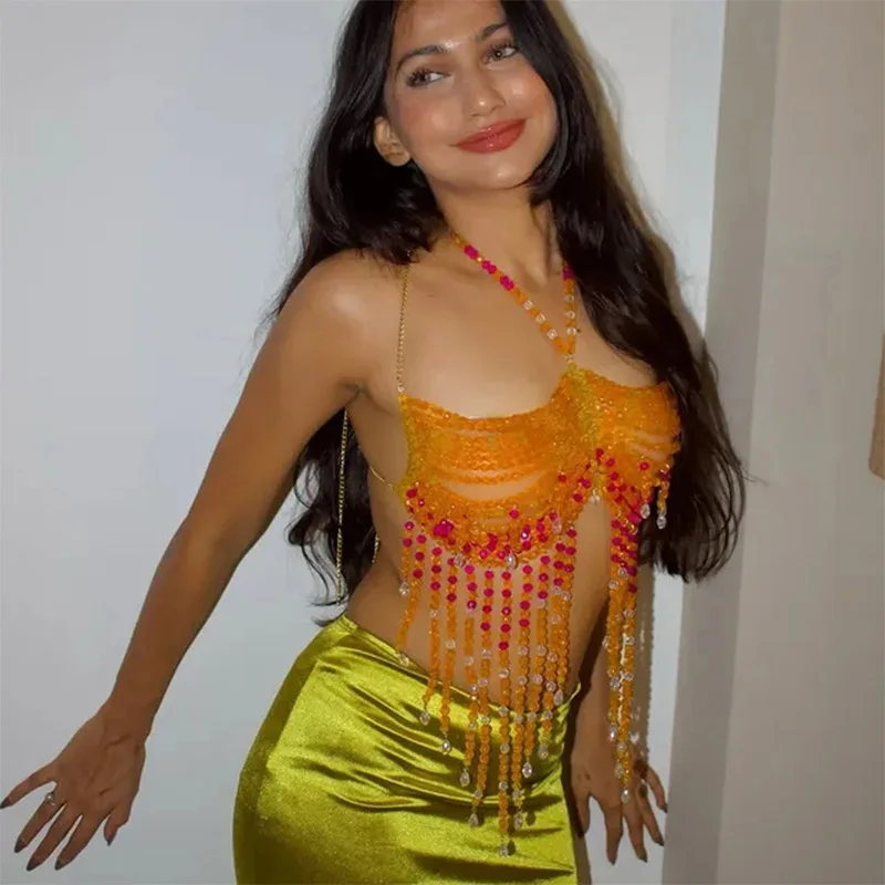 Handcrafted Orange Mermaid Beading Tassel Crystal Top Festival Halter Body Jewelry Bralette Sexy Party Body Jewelry Beaded Bra