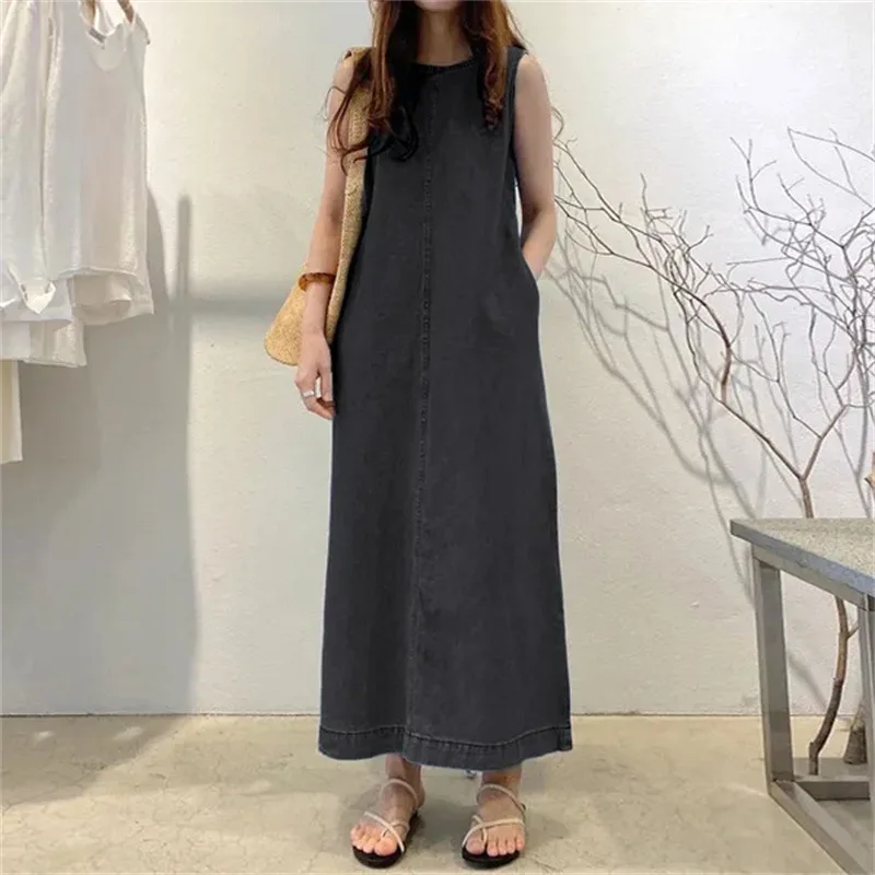 Blue Summer Dress Women 2023 Fashion Korea Elegant Thin Imitation Denim Vintage Loose Sleeveless Long Dress Streetwear Clothes