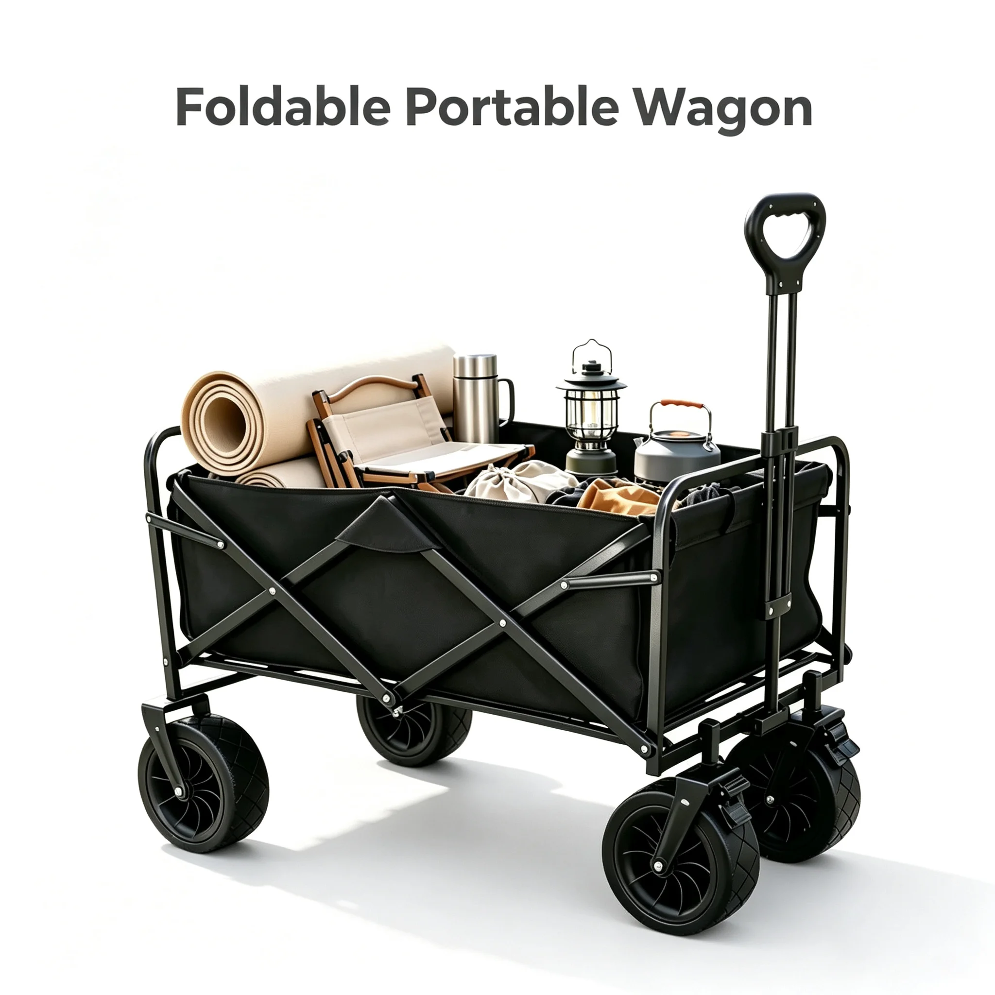 Chariot pliable et portable SIAZIH 171L avec roues tout-terrain 360° ° Roues pivotantes avec freins, cadre en acier robuste, poignée réglable, chariot de courses pliable, chariot de plage, chariot utilitaire pour camping, pique-nique, jardin, marché, transport en extérieur.