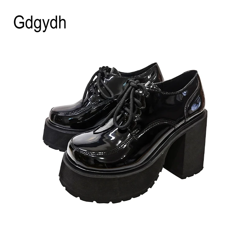 Gdgydh Patent Leather Chunky Loafers Women Platform Heels Pumps Lace Up Comfort White Daughter School Party Shoes Plus Size