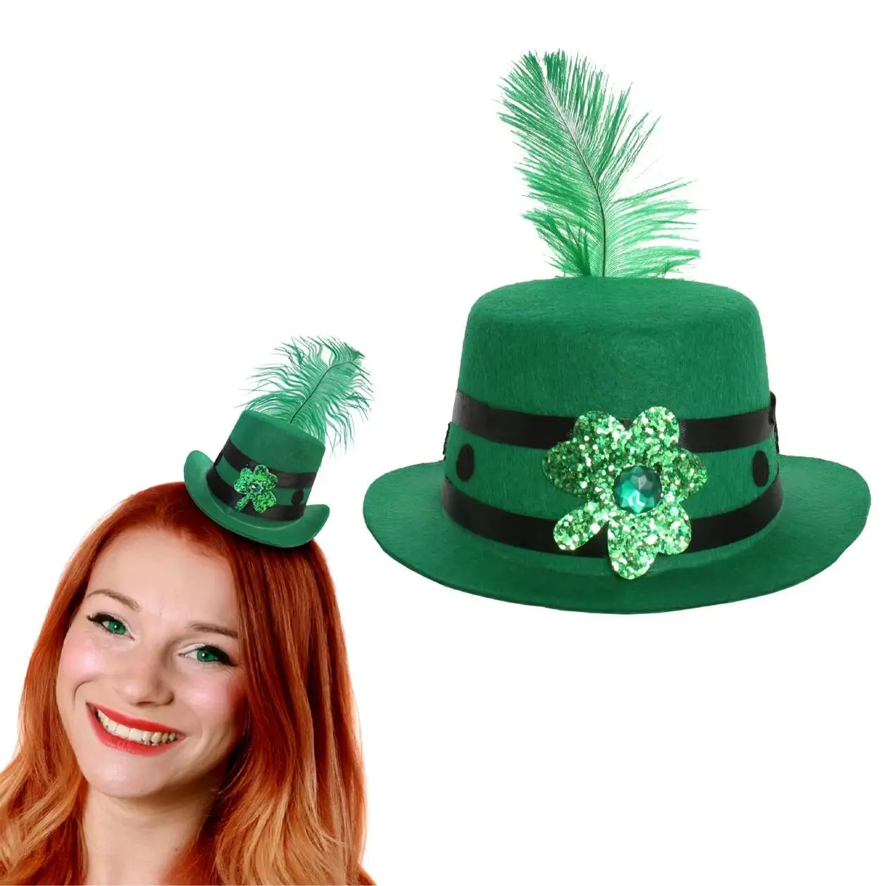 Mini Irish Hat With Feather - Green Fascinator Hat With Clover and Ribbon Decorations + Green Feather - St Patricks Day
