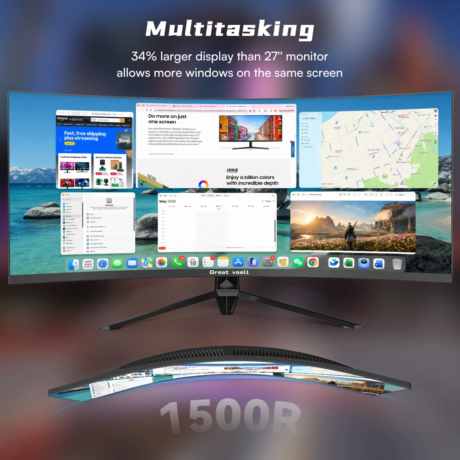 Great voell 34-inch Ultrawide Curved Gaming Monitor, 240Hz WQHD, 1ms, 21:9 | 3440x1440p Display, 127% SRGB, G-Sync & FreeSync, 1500R Curve, HDR, PIP/PBP, DP1.4 and HDMI 2.0 Pro, Immersive Gaming